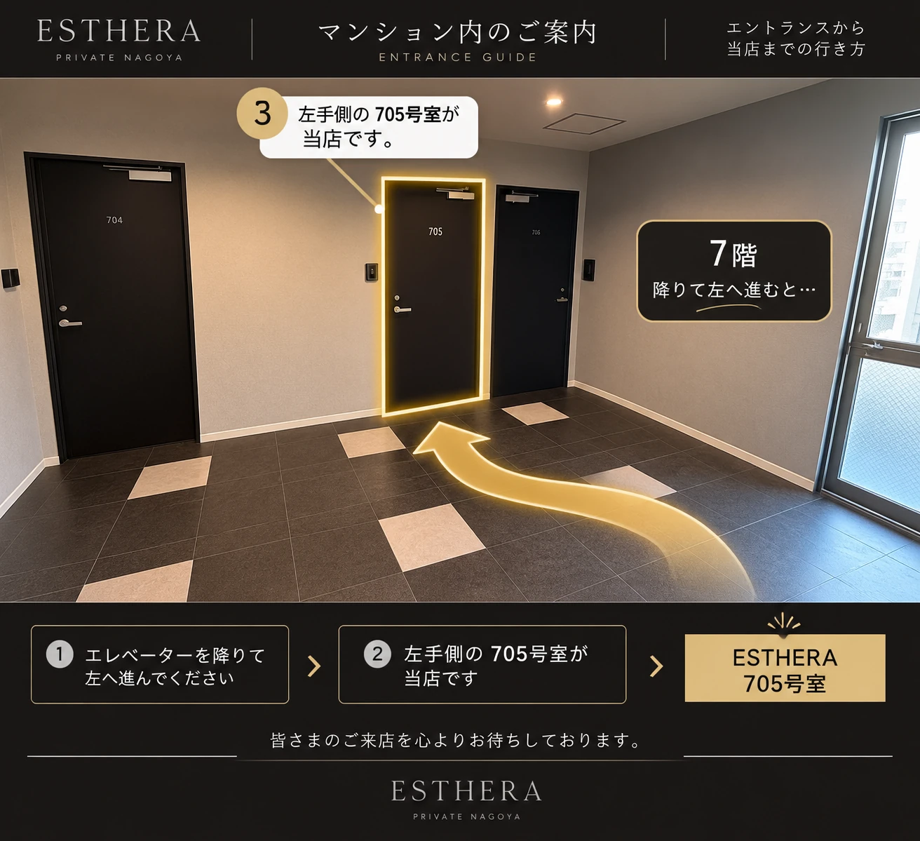 7階でエレベーターを降りて左へ進んだ先の705号室を示した案内