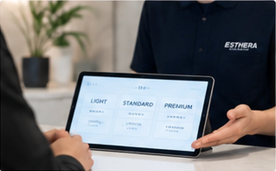 スタッフがタブレットで料金と次回の利用方法を案内するイメージ